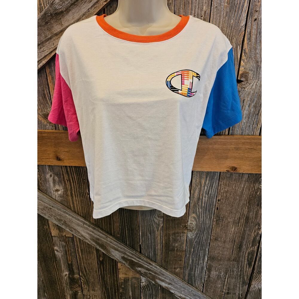 Champion women color block crop top short sleeve y2k retro EUC size small s ^